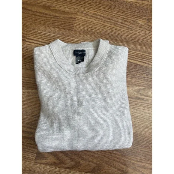 Club Monaco Men's Crew Neck Waffle Knit 100% Wool Sweater Heather Cream Beige